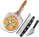 Aluminum Metal Pizza Peel Pizza Spatula Set, 12" x 14" with Cutter and Pizza Knife Spatula Paddle, Pizza Paddle with Foldable Wooden Handle for Easy Storage, Pizza Oven Accessories for Baking