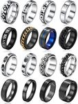 Stainless Steel Fidget Rings for Men, Sliver Fidget Rings for Women, Cool Spinner Ring Set, Black Mens Wedding Band Ring Pack (8)