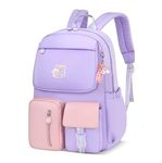 Kids Backpack for Girls School Bag for Elementary Students Lightweight Bookbag with Daisy Pendant Purple Pink