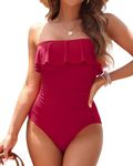 Holipick Strapless One Piece Swimsuits for Women Tummy Control Bandeau Bathing Suits Ruffle Slimming Swimwear, Red, Large