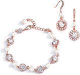 Mariell Rose Gold & Pearl Round CZ Bridal Bracelet & Earrings Set - Wedding Jewelry Sets for Bridesmaids, Metal Gemstone Faux Pearl, Cubic Zirconia