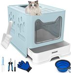 Cat Litter Box Large Pan - Foldable Top Exit Pet Boxes with Entry Lid, Plastic Cleaning Scoop,Cat Nail Clippers,Portable Cats Bowl (Blue)