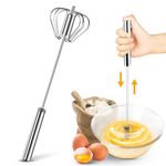 Semi Automatic Whisk, 12 Inches Stainless Steel Eggbeater, Hand Push Rotary Wisk Blender for Blending, Whisking, Stirring (Silver)