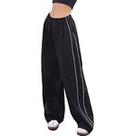 Allmloers Women Parachute Pants High Waist Wide Leg Baggy Cargo Pants Y2K Track Pants Jogger Lounge Trousers Streetwear Black