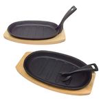 Vintage Gourmet ® Cast Iron Sizzle Platter Set (24cm x 14cm) and (28cm x 18cm) with Wooden Trivets and Removable Handles