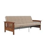 DHP Brixen Walnut Wood Arm Metal Futon Frame with 6-Inch Mattress, Full, Tan