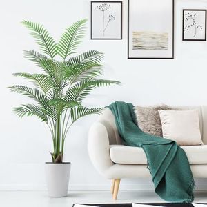 6ft Artificial Palm Tree with 15 Trunks- Fake Palm Tree Fake Tropical Paradise Palm Tree in Pot with Real Bark Design and 9 Adjustable Branches, Faux Palm Plant for Indoor Home Office Modern Decor