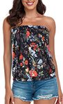 CHICALLURE Women Floral Strapless Tube Tops Sleeveless Stretchy Top Summer Tank Top Casual Blouse Tanks（Black Red Flower, M）