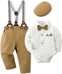 WESIDOM Baby Boy Clothes 0-18M Newborn Infant Gentleman Outfit, Shirt+Bowtie+Beret+Suspender Pant Baby boy Suit Clothing Set, Warm White, 6-12 Months