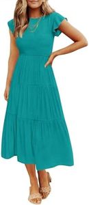 ZESICA Women's 2024 Summer Casual Flutter Short Sleeve Crew Neck Smocked Elastic Waist Tiered Midi Dress, Peacock