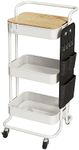 DTK 3 Tier Metal Utility Rolling Cart with Table Top and Side Bags, Metal Tray Storage Organizer Cart with Wheels, Art Craft Cart with 4 Hooks for Kitchen Bathroom Office Living Room (White)