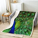 Peacock Sherpa Blanket Green Cute Animal Fleece Throw Blanket for Kids Boys Girls Peacock Feather Fuzzy Blanket for Sofa Bed Couch Luxury Cute Animals Decor King 87"*94"