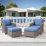 Outdoor Wicker Chair Patio Chairs-Rattan Wicker Chairs with Ottomans Patio Conversation Sets for Porch Garden Balcony Backyard Poolside-Brown/Blue