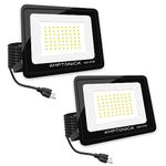 Amptonica LED Flood Light, 50W 5000lm Waterproof Outdoor Floodlights with Plug, 5000K Daylight White Exterior Flood Light, 300W HPS Equivalent LED Work Light for Garden, Yard, Garage, Porch, 2 Pack