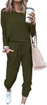 PRETTYGARDEN Women's Fall 2 Piece Lounge Outfit Long Sleeve Crewneck Pullover Tops High Waisted Pants Set Tracksuit, Army Green, Small