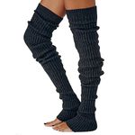 TOPWEL Womens Long Stretch Knitted Stirrup Leg Warmers Winter Soft Over Knee High Footless Socks Knit Warm Leg Warmers Cable Boot Socks Knit Long Leg Warmers (Black)