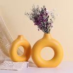 Yellow Ceramic Vase Set of 2 - Yellow Vase Set for Home Decor, Round Boho Vase for Pampas Grass and Flowers Decor, Modern Living Room, Bedroom, Fireplace, Farmhouse, and Centerpieces