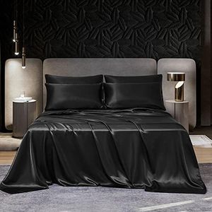 DuShow Set di lenzuola in raso nero, per letto king size, set di 4 lenzuola satinate con angoli profondi da 38 cm, 1 lenzuolo piatto morbido, 2 federe in raso (letto king size nero)