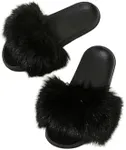 OYOANGLE Women's Furry Fur Slippers Fuzzy Open Toe Comfy Slides Memory Foam House Flat Shoes Black 8.5