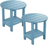 MXIMU Round Outdoor Side Table Adirondack Tables 18 Inch Chairside End Tables with Storage Shelf, 2-Tier Plastic Patio Side Table, Weather Resistant for Balcony Backyard Lawn (Blue, 2 Pack)