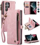 Defencase Wallet Case Compatible with Samsung S22 Ultra with RFID Blocking Card Holder for Women Men, PU Leather Magnetic Snap Strap Zipper Phone Case Compatible with Galaxy S22 Ultra 6.8", Rose Pink