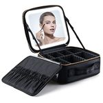 MuiiuM Makeup Travel Train Case with Mirror LED Light 3 Cosmetic Bag Portable Storage Adjustable Partition Waterproof Makeup Brushes Makeup Jewelry Gift for Women, black,26.9x24.9x11.7 cm