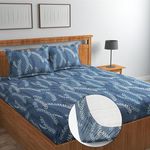 NEW LEAF Premium Cotton Elastic Fitted Bedsheets with 2 King Size Pillow Covers Double Bed with All Around Elastic Supersoft Size - 72 King Sizex78+10 inches Blue White Floral Pattren 200 tc - 220 tc