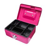 Cathedral Products Key Lockable Cash Box with Coin Slot and Lift Out 6 Compartment Coin Tray - 4 Inch - Pink