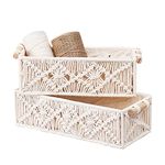 2Pcs Macrame Storage Baskets with Wooden Handles, BOJVESH White Boho Bathroom Decor Woven Baskets for Shelves, Handmade Countertop Toilet Cabinet Organizer Boxes for Bedroom Livingroom Nursery