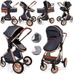 Baby Pram Pushchair Buggy Stroller 3 in 1 Child Lightweight Folding Stroller 3 in 1 Travel System Pram for Newborns Toddlers 0-36 Months from Birth Aluminum (Blue Denim - Rose Gold Frame)