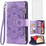 Asuwish Compatible with Samsung Galaxy A02s Wallet Case and Tempered Glass Screen Protector Flower Flip Credit Card Holder Stand Cell Phone Cover for Glaxay A 02s Galaxies M02s SM-A025V Women Purple