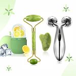 Cipzi Face Massager For Women Reusable Silicon Ice Cube Roller Massage And 100% Natural Jade Roller with Gua Sha Stone Set Facial Roller For Skin Eye Neck Body (Ice Roller + Stone Roller + 3D Roller)