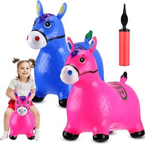 2 Packs Bouncy Animal Horse Hopper with Pump Inflatable Bouncy Jumping Horse Bouncing Horse Ride on Bouncer Hopping Toys for Indoor Outdoor Boys Girls, Blue and Pink