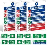 Safety Signs Pack of 9 - Fire Action Notice Sign, Fire Exit (Right, Left, Up, Down and No Arrow), Fire Exit Keep Clear Sign - Self-Adhesive Vinyl Emergency Exit Signage with Matte Finish