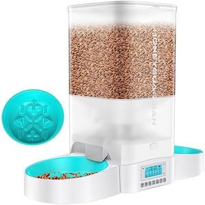 HoneyGuaridan Automatic Cat Feeder for Two Cats,5L Cat Food Dispenser with Slow Feeder Bowl,Timed Cat Feeder Programmable 1-6 Meals Control, Dual Power Supply,Desiccant Bag,10s Meal Call White