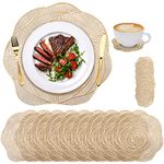 Lyellfe 20 Pack Gold Pressed Vinyl Placemats, 15 Inch Metallic Non-Slip Washable PVC Chargers Placemat, Including 10 Placemats and 10 Coasters for Dining Table, Wedding, Party, Rose Flower Shape