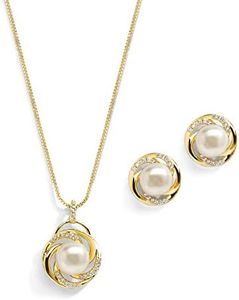 Mariell Freshwater Pearl Gold Wedding Necklace Earrings Set for Brides, Bridesmaids, Birthday Gift, Cubic Zirconia, Freshwater Pearl, Gold-plated, Cubic Zirconia