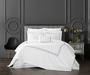 Chic Home 4 Piece Cotton Comforter Set Solid White with Dual Stripe Embroidered Border Hotel Collection Bedding – Includes Decorative Pillow Shams, Navy, Queen