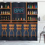 ABAKUHAUS Bar Shower Curtain, Pub Stand with Chairs and Bottles of Alcohol Aligned Interior Cocktail Beverage, Cloth Fabric Bathroom Decor Set with Hooks, 70 Inches, Multicolor