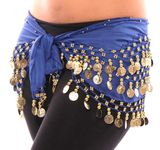 LEENSY 3 Rows Belly Dancing Dance Hip Scarf Skirt Belt with 128 Coins Red Belly Dance Wrap Hip Scarf Belt with Gold Coins (Royal Blue)