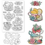 GLOBLELAND 2Pcs Vintage Coffee Cups and Fruits Clear Stamps and Cutting Dies Retro Afternoon Tea Silicone Clear Stamps Cards and Metal Die Cuts for Card Making and DIY Embossing Scrapbooking