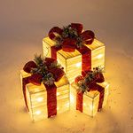 The Christmas Workshop 70749 Set of 3 Light-Up Christmas Boxes With Red Bow/Indoor Christmas Decorations / 65 Warm White LED Lights/Battery Operated/Timer Functionality