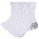 YUEDGE Men's White Cushioned Crew Socks Moisture Wicking Cotton Casual Athletic Socks Performance Walking Sports Socks for Men Size MXXL, 6 Pairs