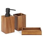 Navaris Bamboo Bathroom Accessories Set - 3-Piece Bath Accessory Kit with Toothbrush Holder/Liquid Soap Dispenser/Soap Dish Tray - Acacia Wood