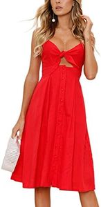 ECOWISH Women 2024 Summer Dresses Tie Front V-Neck Spaghetti Strap Button Down A-Line Backless Swing Midi Dress 572 Red XL