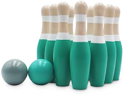 Sterling Sports Wooden Lawn Bowling 9" Skittles Set with Carrying Mesh Bag for Indoors and Outdoors - 10 Wooden Pins and 2 Balls, Green/Turquoise and Gray