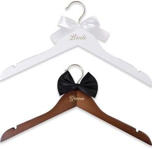 JOVGANK 2 Pack Wedding Hanger Gift, Bride Hanger, Wooden Bride and Groom Wedding Dress Hangers with Attached Bow Tie, Bridal Shower Gifts, Bridal Tuxedo Suit Wedding Gift for Couples