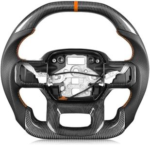 TESFEEL Steering Wheel for F150 Raptor 2021-2024 Real Carbon Fiber Double-D Design Orange Stripe&Stitching with Heated Nappa Preforated Leather Grip Compatible with Raptor with Paddle Shifter Models
