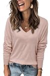 Arach&Cloz Women's V-Neck Long Sleeve Shirts Blouse Pullover Rib Knitted Pattern Casual Tops Sweater Fall 2024 (Pink02, Medium)