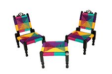 THE ROYAL CRAFTS Traditional Handicrafts Set of Multicolor Resham Rope Wooden Folding Chairs khatli bajot Stool charpai Pidda Mudda Rajwadi Furniture Table Balcony Set, 30 Cm, 43 Cm